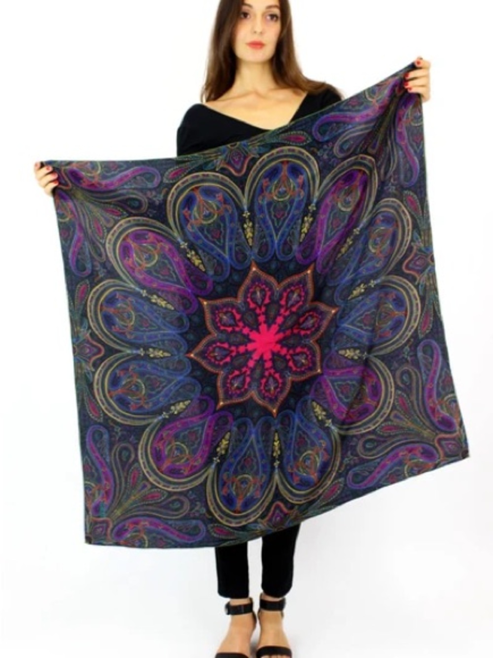 VTG 80s Bill Blass Silk Scarf Boho Paisley Mandala Neon